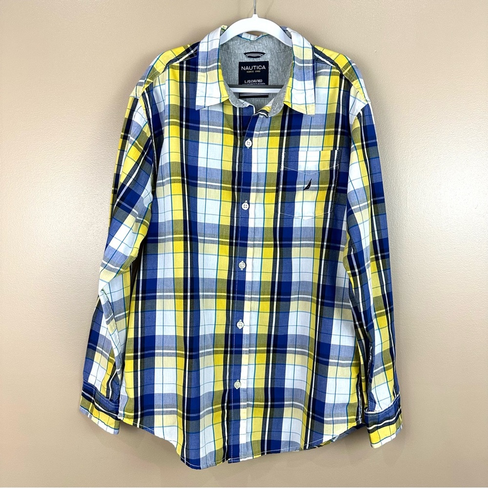 Nautica Yellow and Blue Plaid Long Sleeve Shirt Large Preppy Prep School
